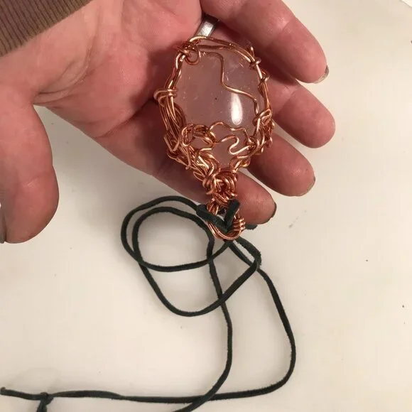 Rose Quartz Gemstone Solid Copper Pendant Unisex Genuine Leather Necklace Reiki